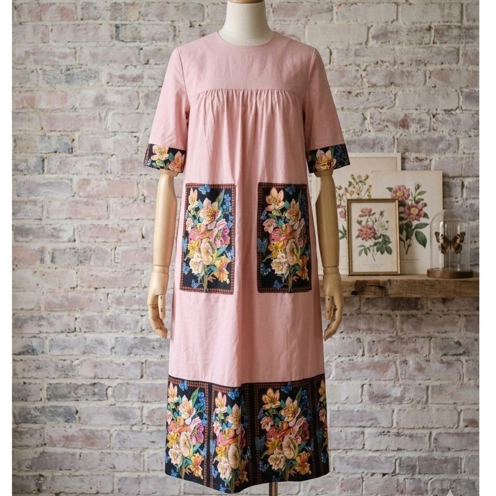 Handmade Muumuu House Dress Pink Floral Border Print Maxi Oversized 21x47